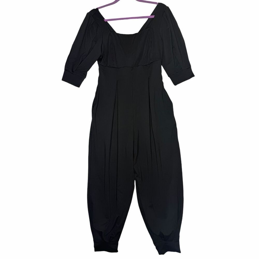 NEW Halara Black Wide Leg Harem Jumpsuit Romper Puff Sleeve Pockets Stretch Smal